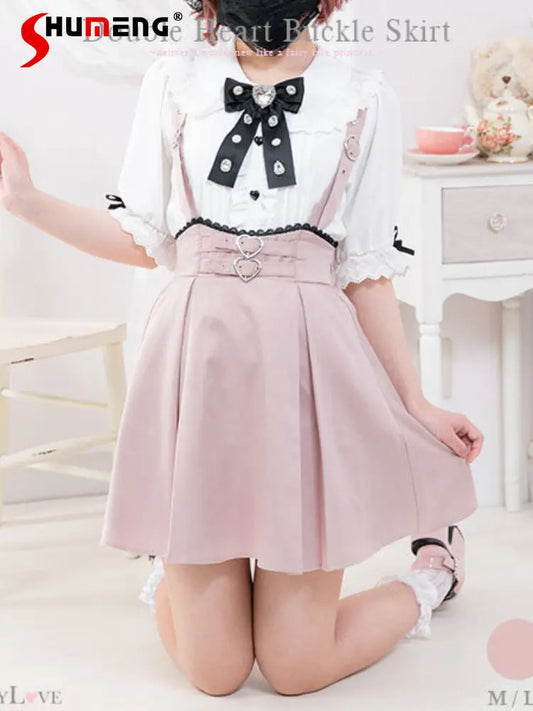 Japanese Style Cute Woman Dream Double Heart Buckle Short Skirt Summer Lolita 2 Ways Heart-Shaped Buckle Loop Horn Strap Skirts