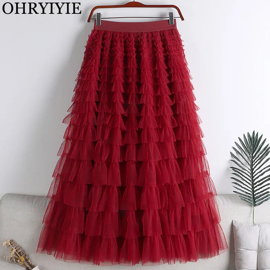 Red Long Maxi Tulle Skirt Women Fashion Bohemian Floor-Length Skirt Female Lengthen 85cm 95cm Solid Mesh Winter Party Skirt Lady